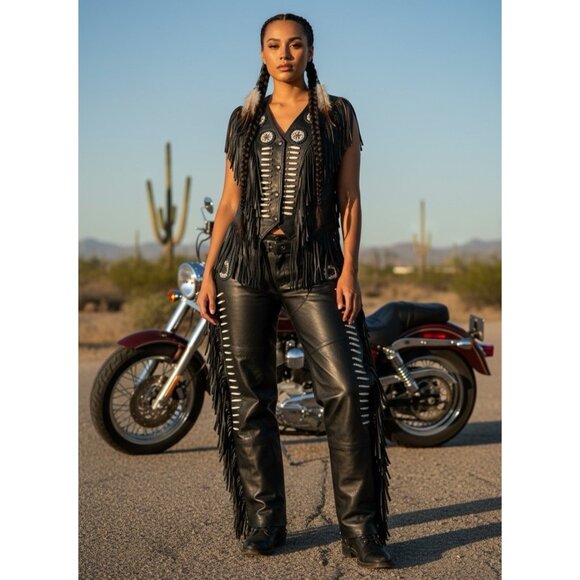 Black Leather Vest 20" & Chaps Adjustable Fringe Beads Trible Look Embellished - Picture 1 of 16